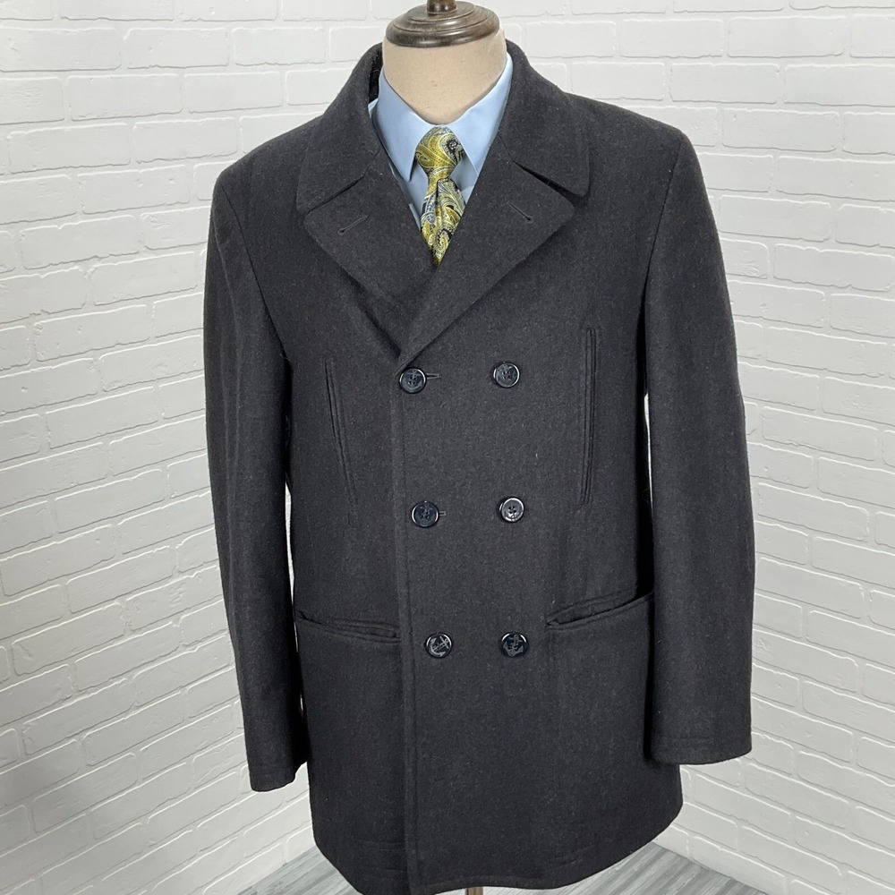Chaps Peacoat Mens 40R Charcoal Double Breasted Insulated Wool Retro Jacket VTG